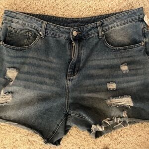 Blue Distressed Jean Shorts with Frayed Edges